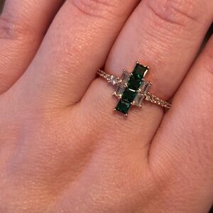 Emerald Square-Cut  Ring with Clear Accents rose gold band- Women Jewelry